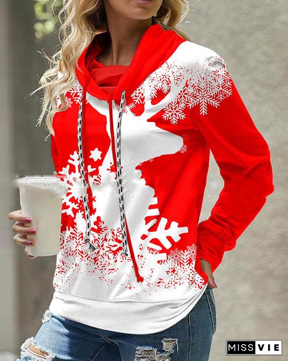 Drawstring Christmas Snowflake Elk Print Red and Black Sweatshirt