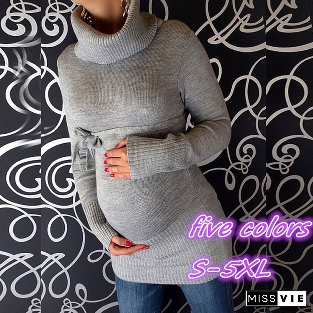 New Women Fashion Autumn and Winter Casual Knitted Sweater Long Sleeve Turtleneck Maternity Pregnancy Sweater Pregnant Solid Color Plus Size Tops Women Clothing