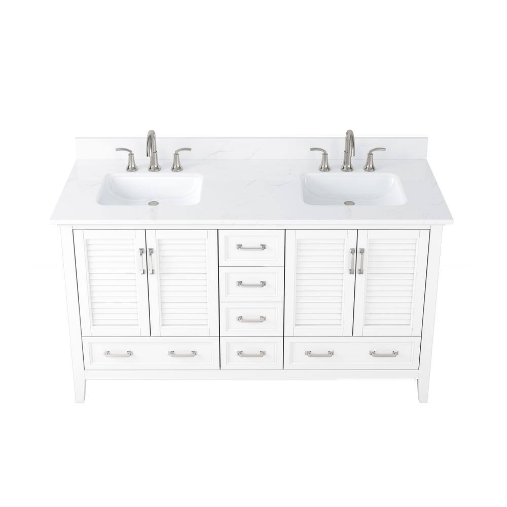 Home Decorators Collection Dennick 60 in. W x 22 in. D x 34.5 in. H Double Vanity in White with Engineered Carrara Marble Top and White Sinks TJ-0213V6022WH