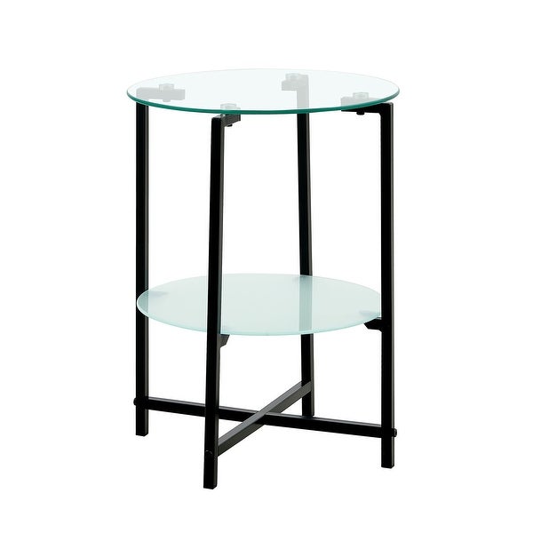 2-layer Storage Shelf Coffee Table Modern Round Side Table with Tempered Glass Tabletop End Table with Metal Frame