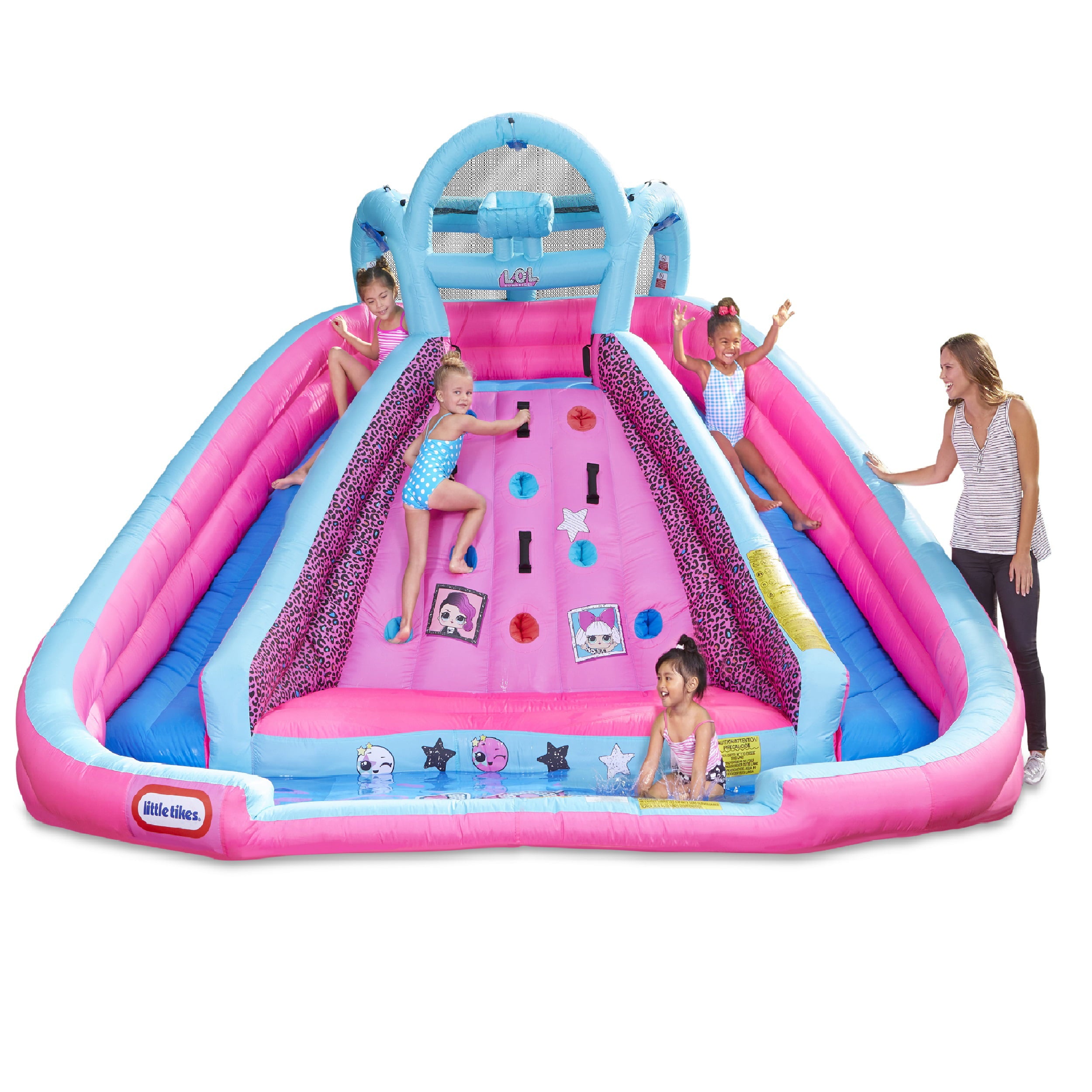 LOL Surprise River Race Inflatable Water Park With 2 Slides, Climbing Wall and Blower, Outdoor Summer Backyard Playground Toy, Fits up to 4 Kids- for Kids Families Boys Girls Ages 4 5 6+, Pink