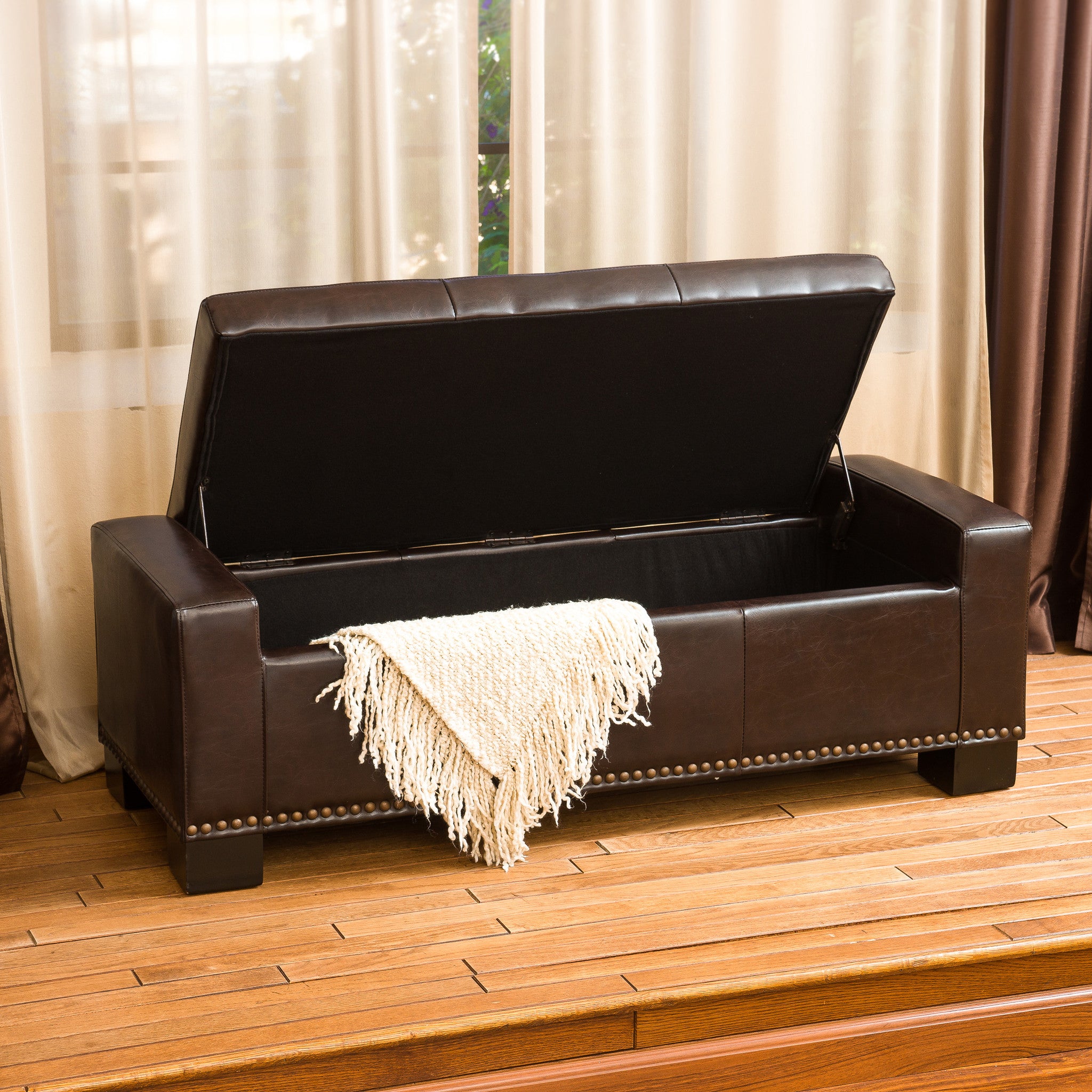 Renata Tufted Brown Leather Rectangle Storage Ottoman Bench