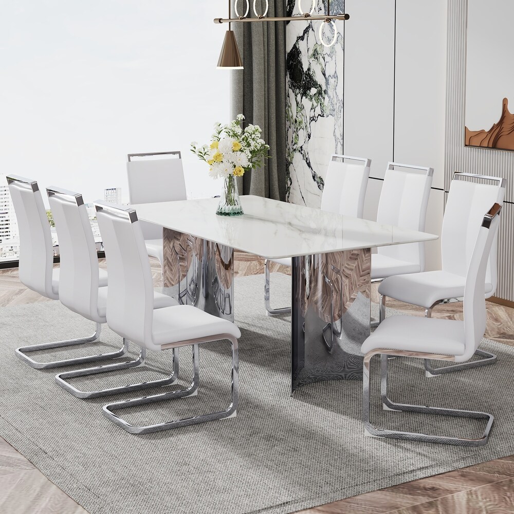 Modern Minimalist Dining Table with White Imitation Marble Glass Sticker Desktop and Stainless Steel Legs   71*39.3