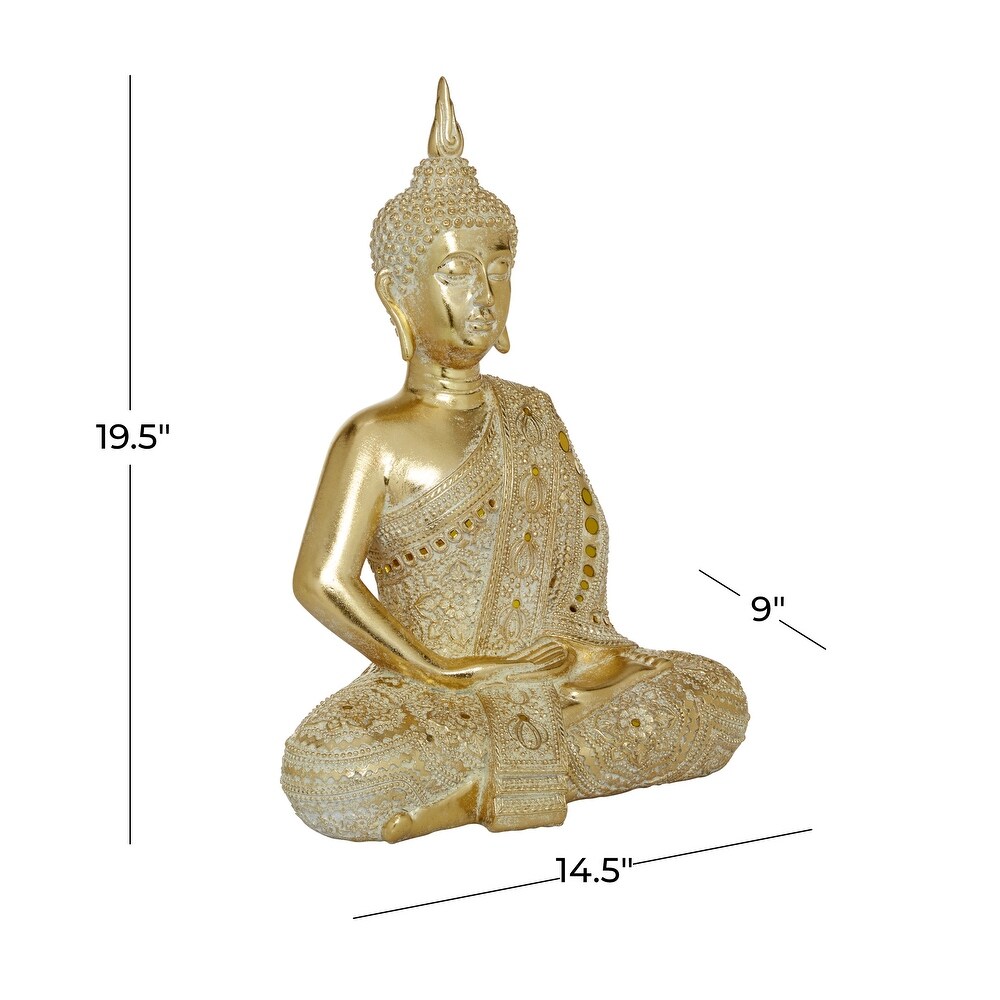 Gold Polystone Meditating Carved Buddha Sculpture with Intricate Carvings and Mirrored Embellishments   14 x 9 x 20