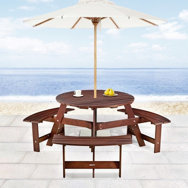 6 Person Outdoor Picnic Table with Bench，Round Pinic Table w/ 3 Bulitin Benches and Umbrella Hole，Outside Table and Bench Set