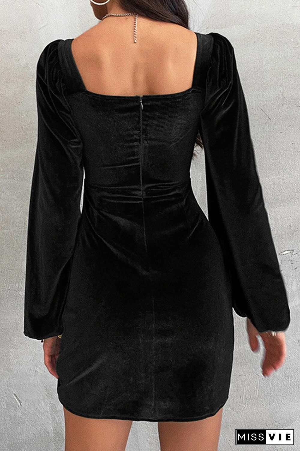 Black Puffy Sleeves Hollow Out Ruched Bodycon Velvet Dress