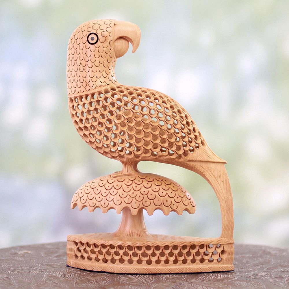 Handcrafted Kadam Wood 'Perky Parrots' Statuette (India)   8.25\