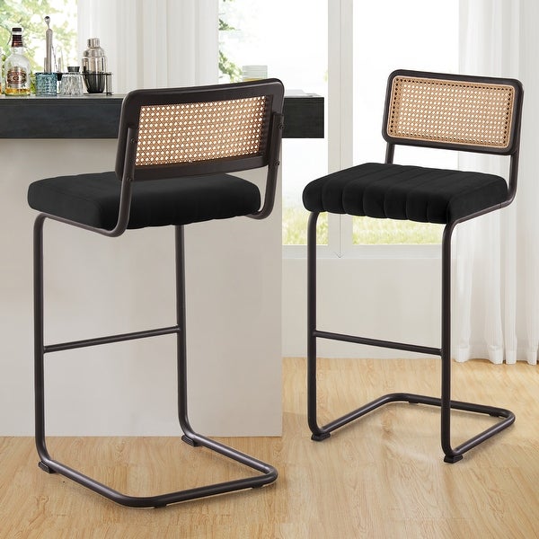 Modern Velvet Upholstered Bar/Counter Stools with Rattan Backrest