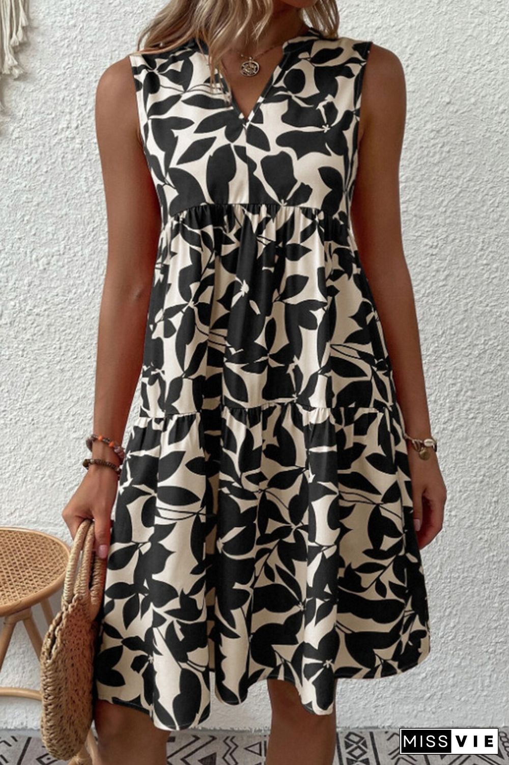 Sleeveless V Neck Flower Print Splicing Dress