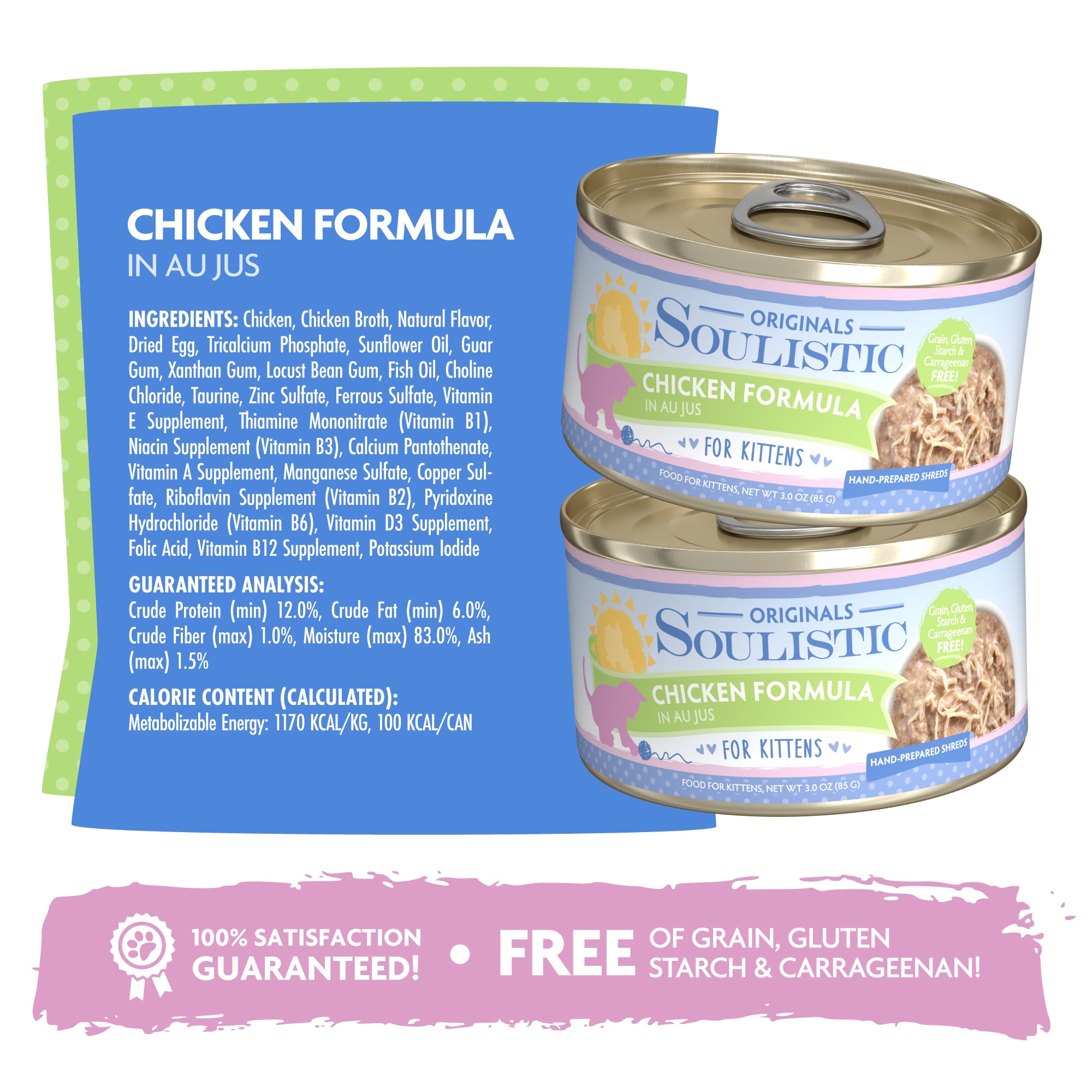 Soulistic Originals Kitten Chicken Formula in Au Jus Wet Cat Food， 3 oz.， Case of 12