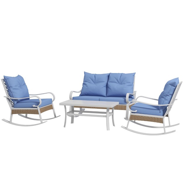 Outsunny 4 Piece Patio Furniture Set With Loveseat Sofa Rocking Chairs Coffee Table Outdoor Conversation Set Light Blue