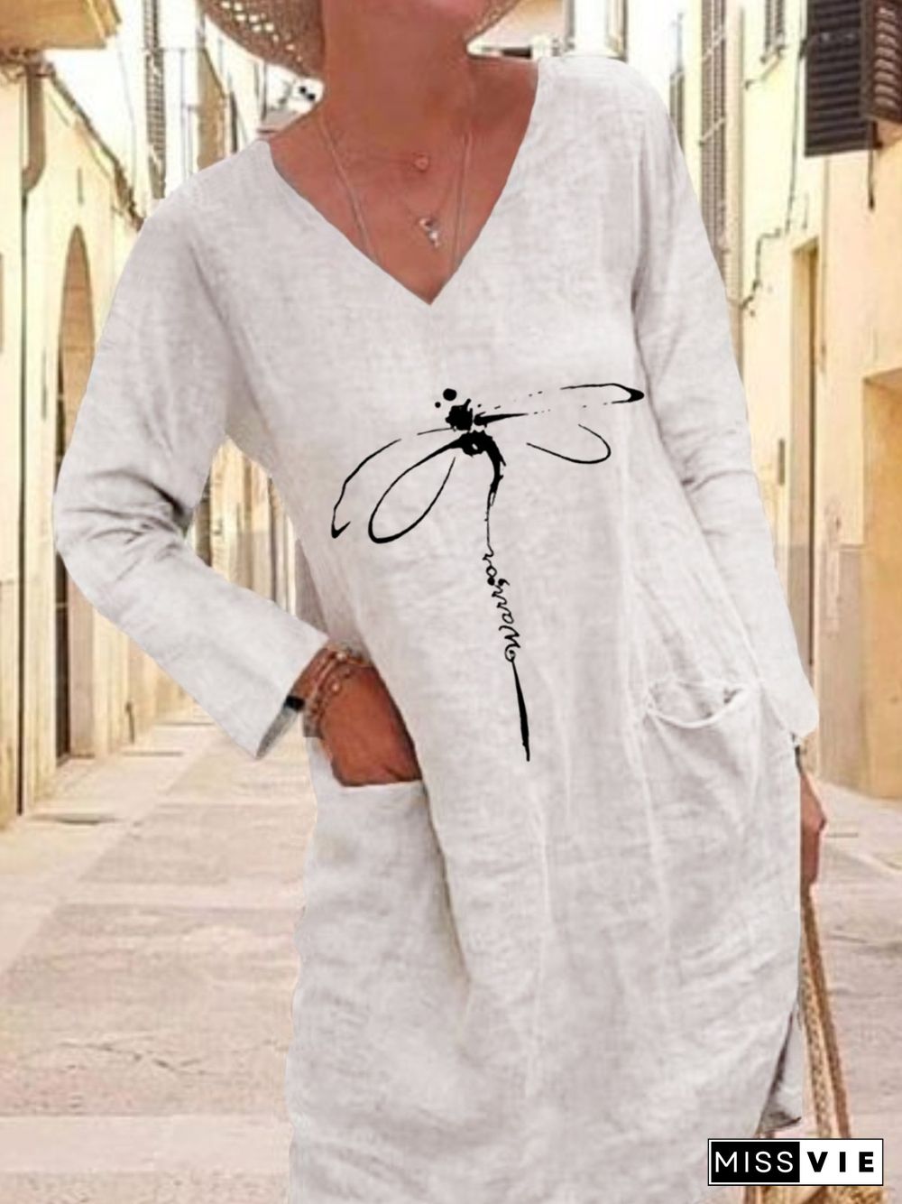 Casual Dragonfly Long Sleeve V Neck Plus Size Printed Dress