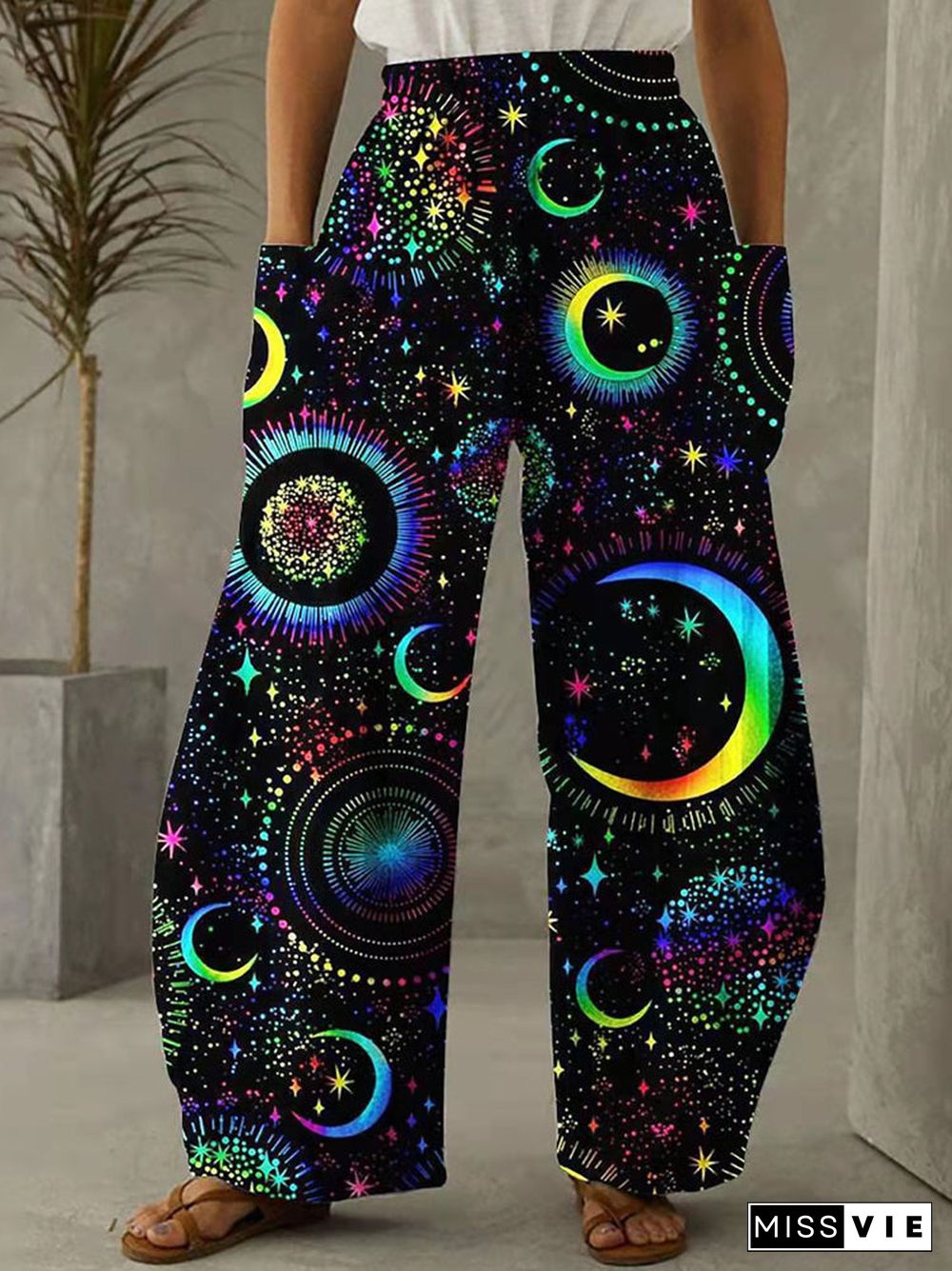 Sun And Moon Boho Mystical Print Vintage Pants