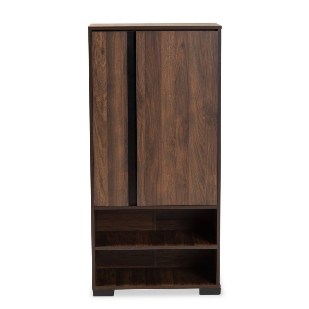 Raina Two tone Wood 2 Door Shoe Storage Cabinet Walnut Brown black Baxton Studio