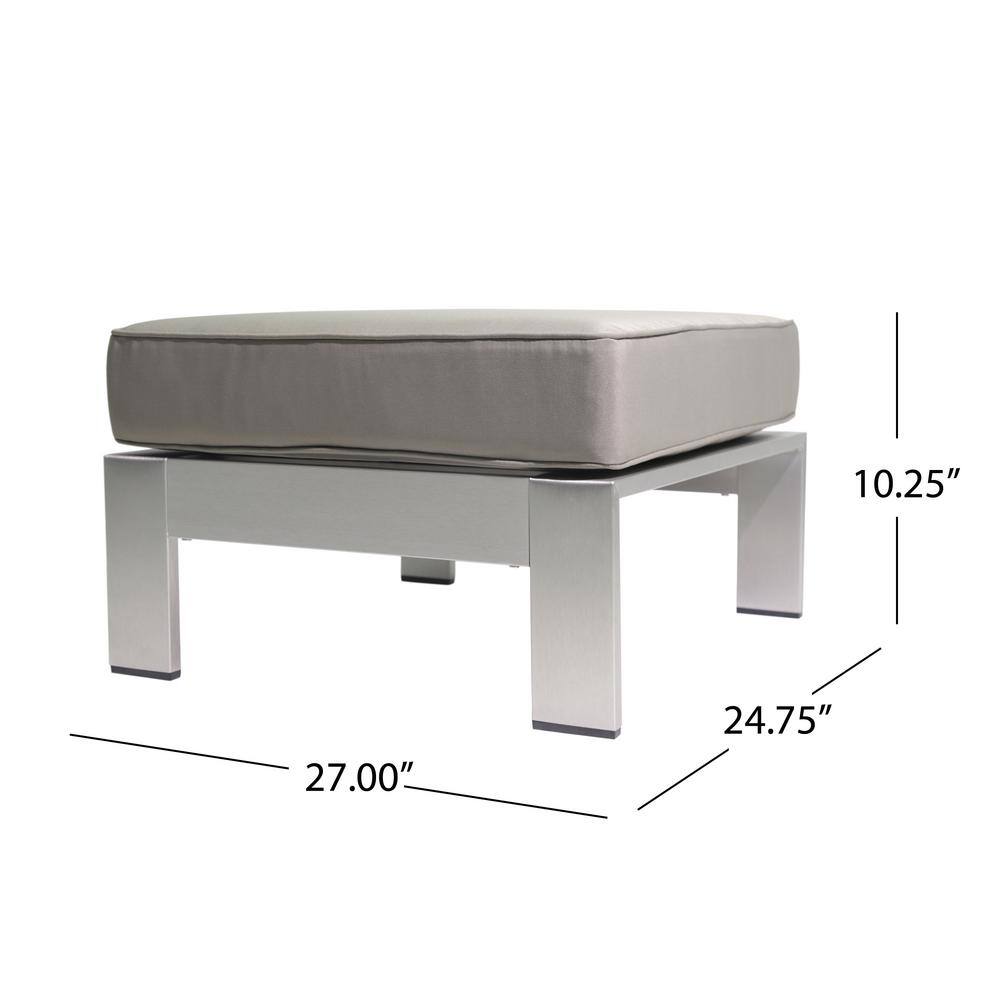 Noble House Cape Coral Silver Aluminum Outdoor Ottoman with Khaki Cushion