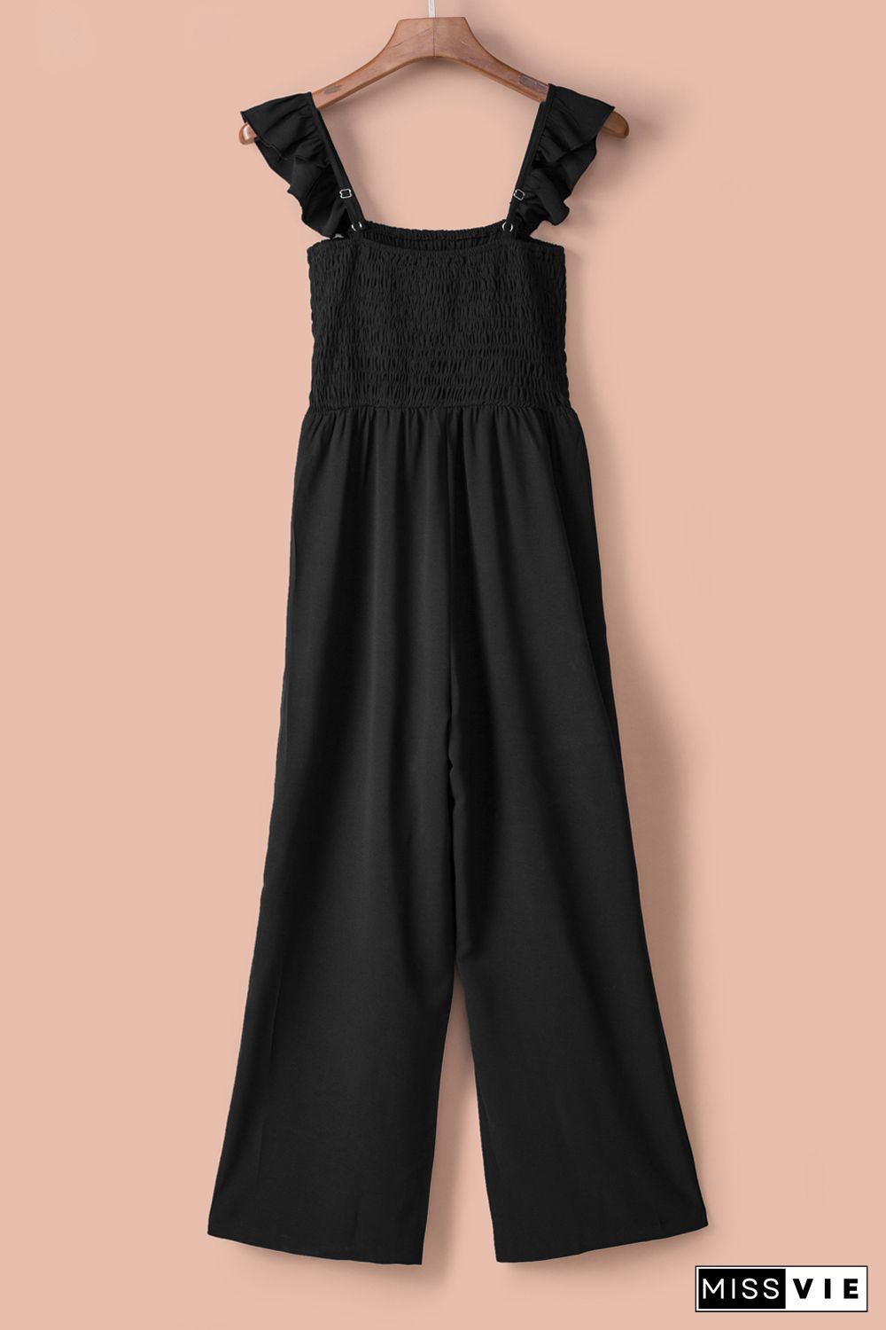 Black Blue Flutter Sleeve Smocked Wide Leg Jumpsuit