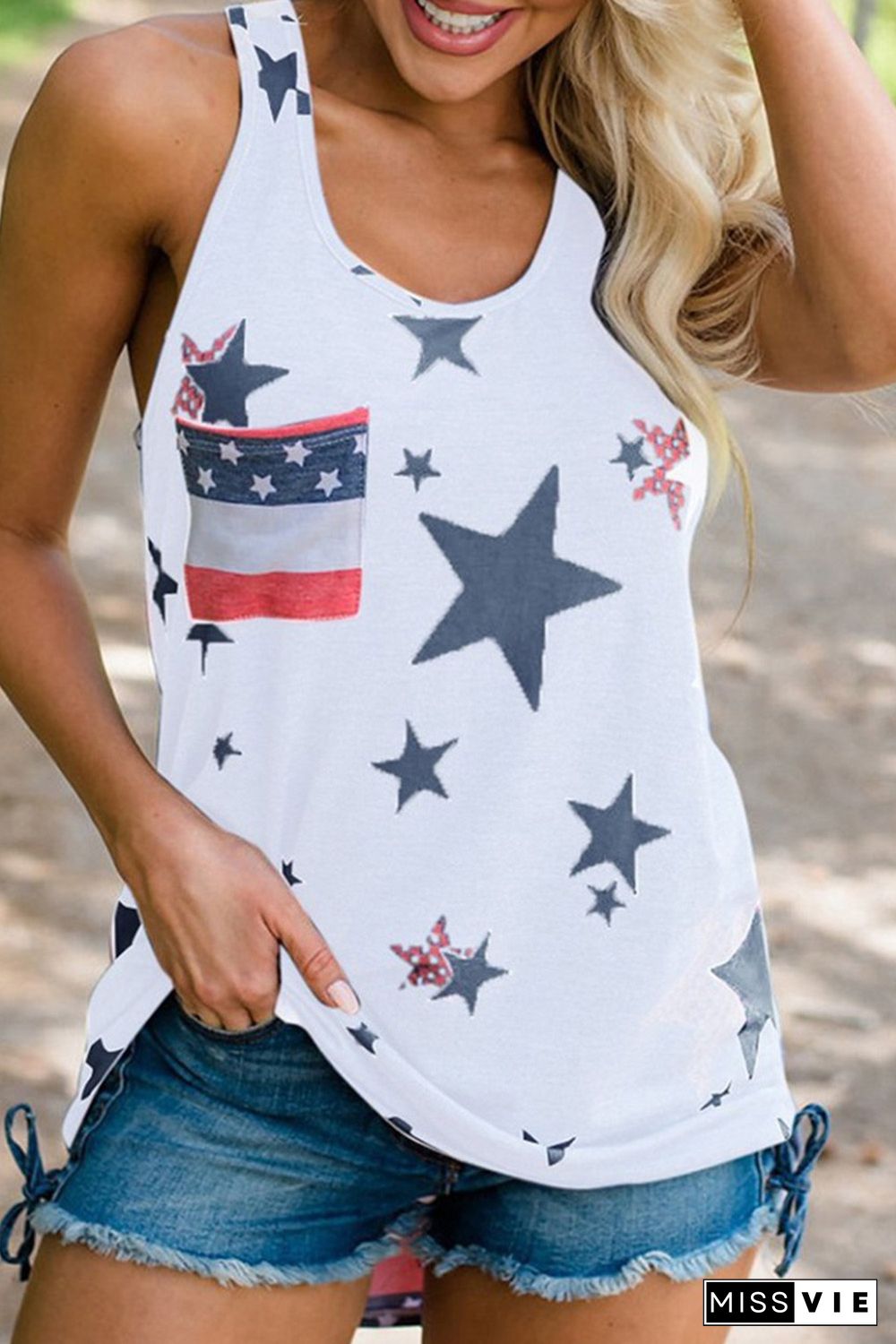 White Independence Day Star Print Tank Top