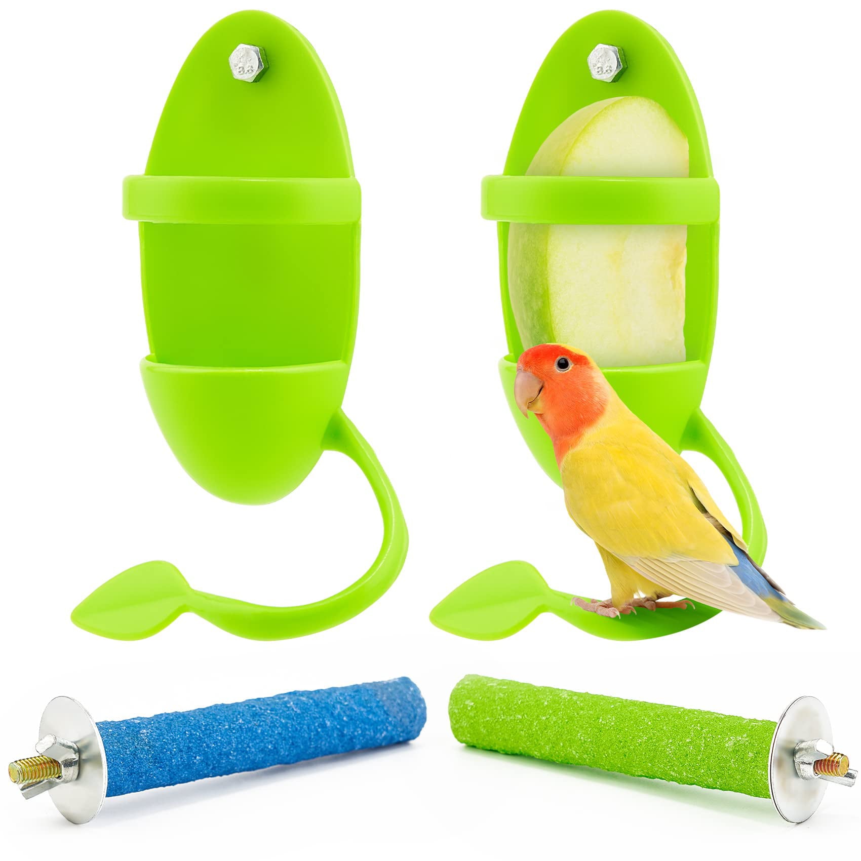 ISHANTECH 2PCS Bird Feeding Cup+Bird Perch Stand; Bird Toys，Cuttlebone Stand Holder Rack Birdcage Accessories