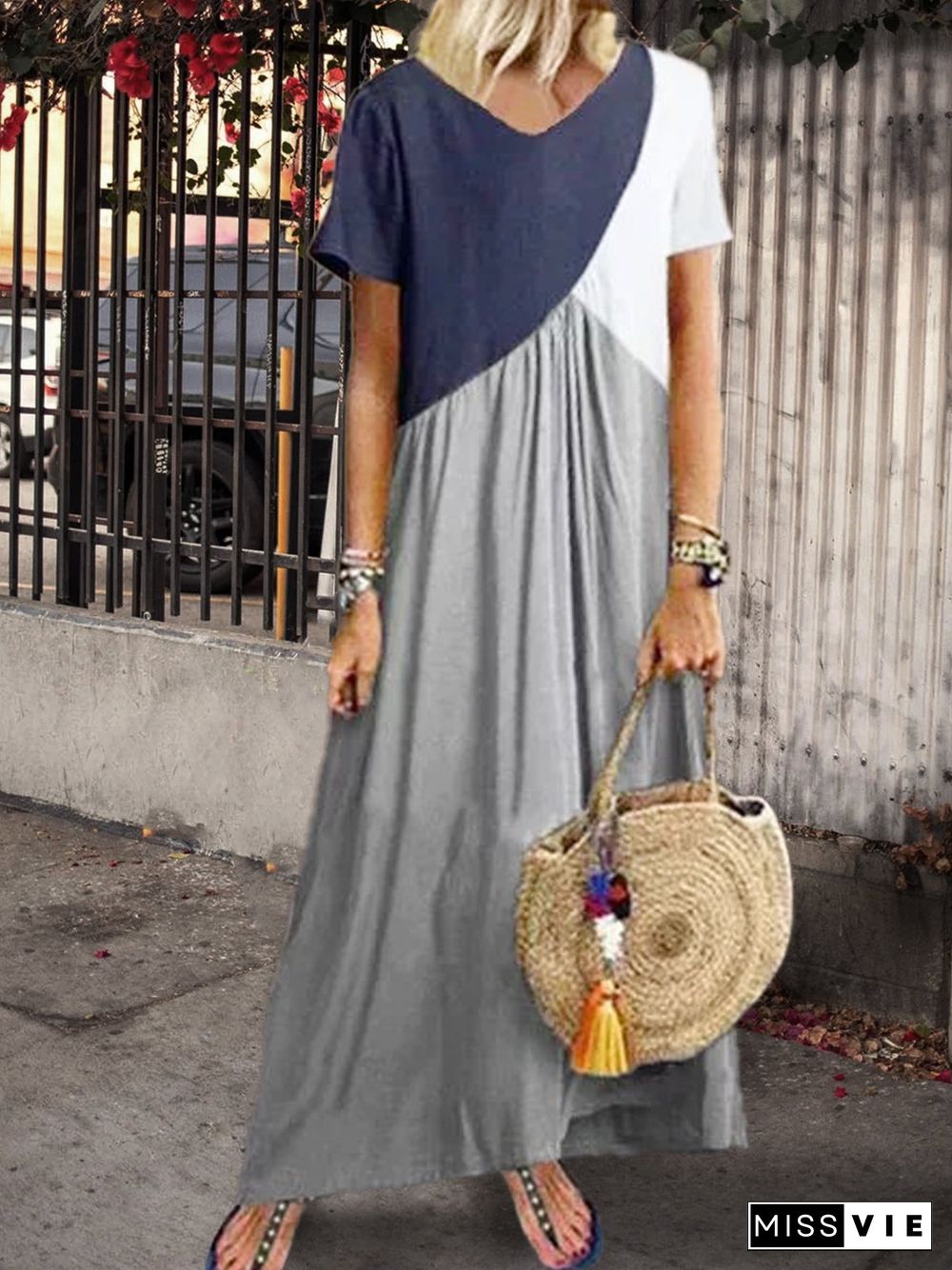 Women Casual Solid Color Cotton V Neck Plus Size Maxi Dresses