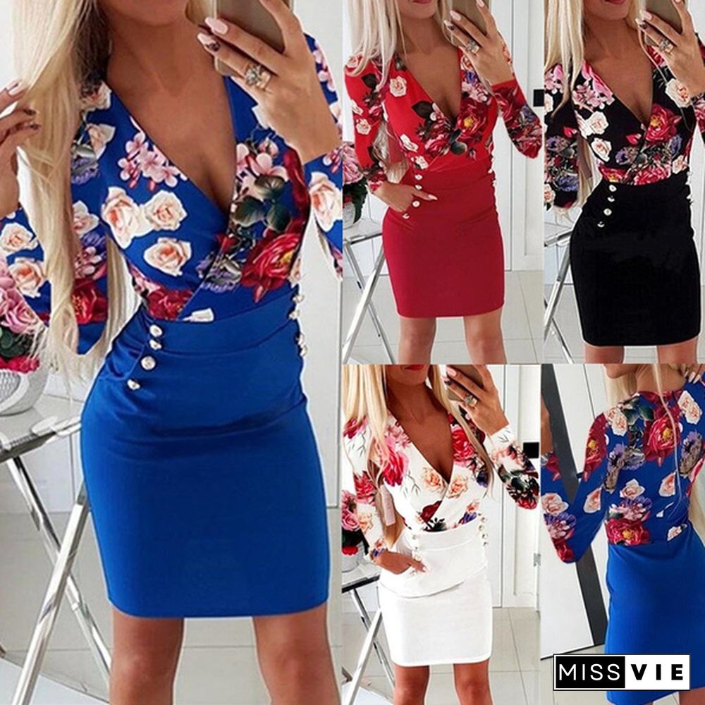 Women Clothing Floral Printed Slim Long Sleeve Plus Size Dress Ladies Deep V-neck Package Hip Dresses