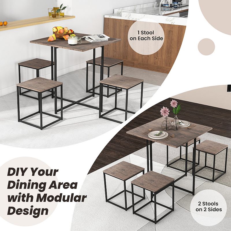 5 Piece Dining Table Set with 4 Stools-Gray