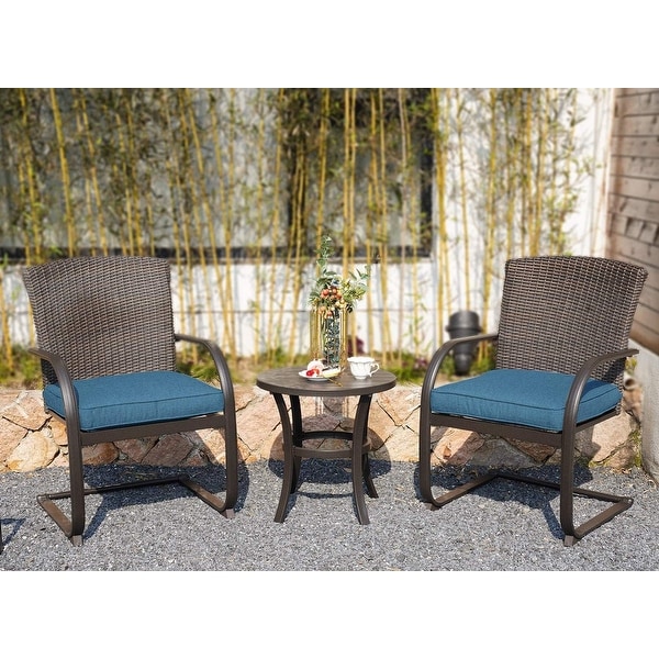 3 Piece CSpring Bistro Set，Outdoor Patio Rocking Wicker Chairs with Cushions and Small Coffee Table，for Porch，Garden