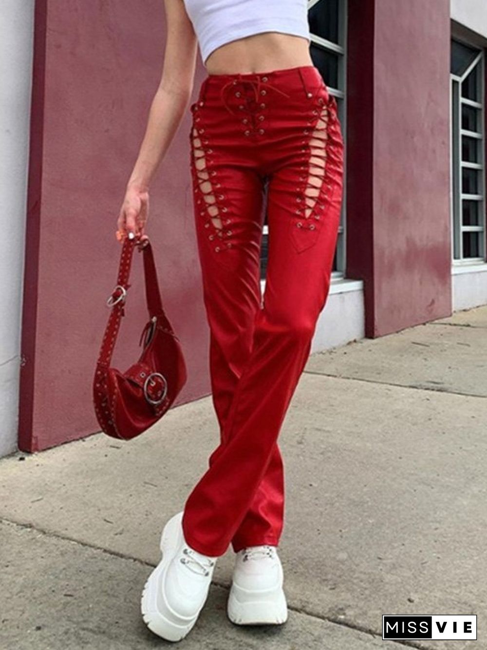 Cutout Lace Up Pu Leather Pants