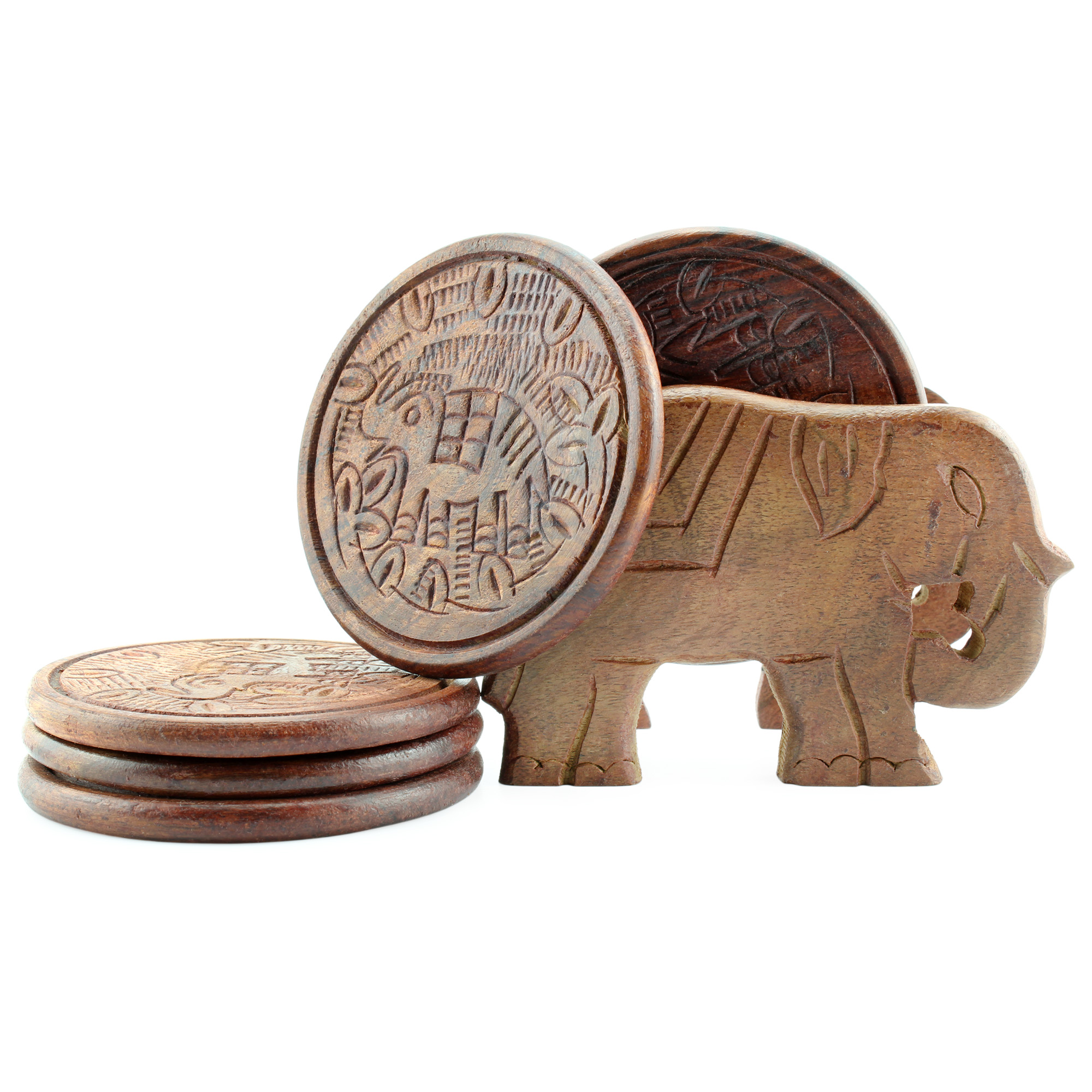 Elephant Design Wooden Coasters With Holder - set of 6， Handmade in India