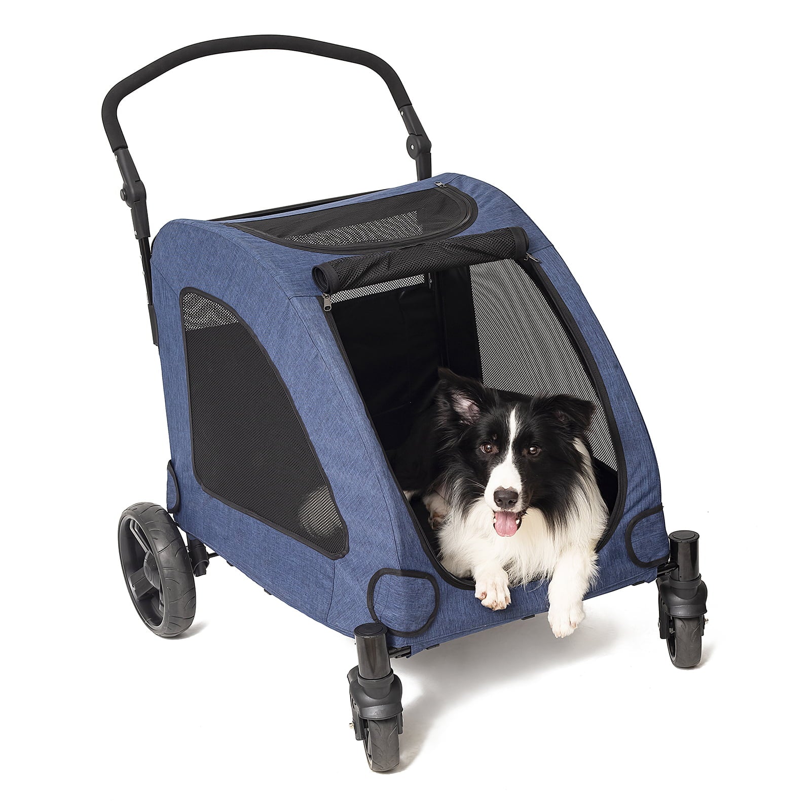 Tikysky 4 Wheel Pet Stroller for Dog and Cat ，Light Foldable，Breathable Mesh Windows，Blue