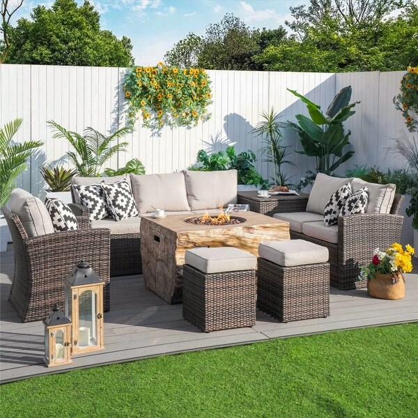 7piece Patio Wicker Garden Chat Sofa Set with Fire Pit and Storage Box