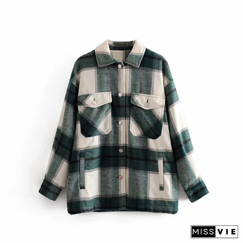 Winter Green Plaid Jacket Coat Women Streetwear Long Leeve Thick Wool Coat Fashion Pocket Oversized Lapel Autumn Shirts Coats