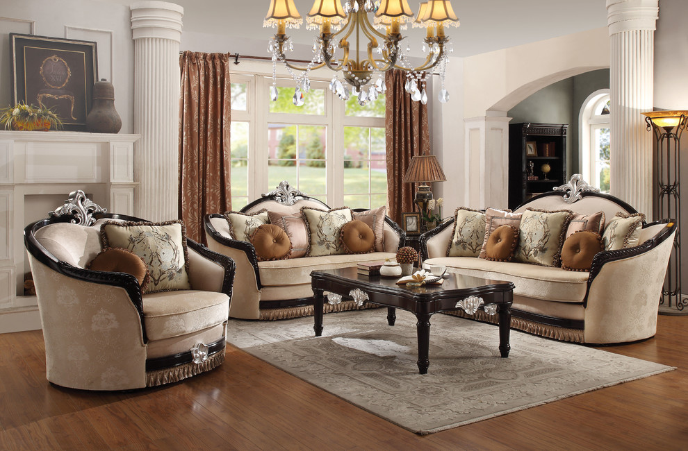 ACME Ernestine Sofa with 7 Pillows  Tan Fabric and Black   Victorian   Sofas   by Acme Furniture  Houzz