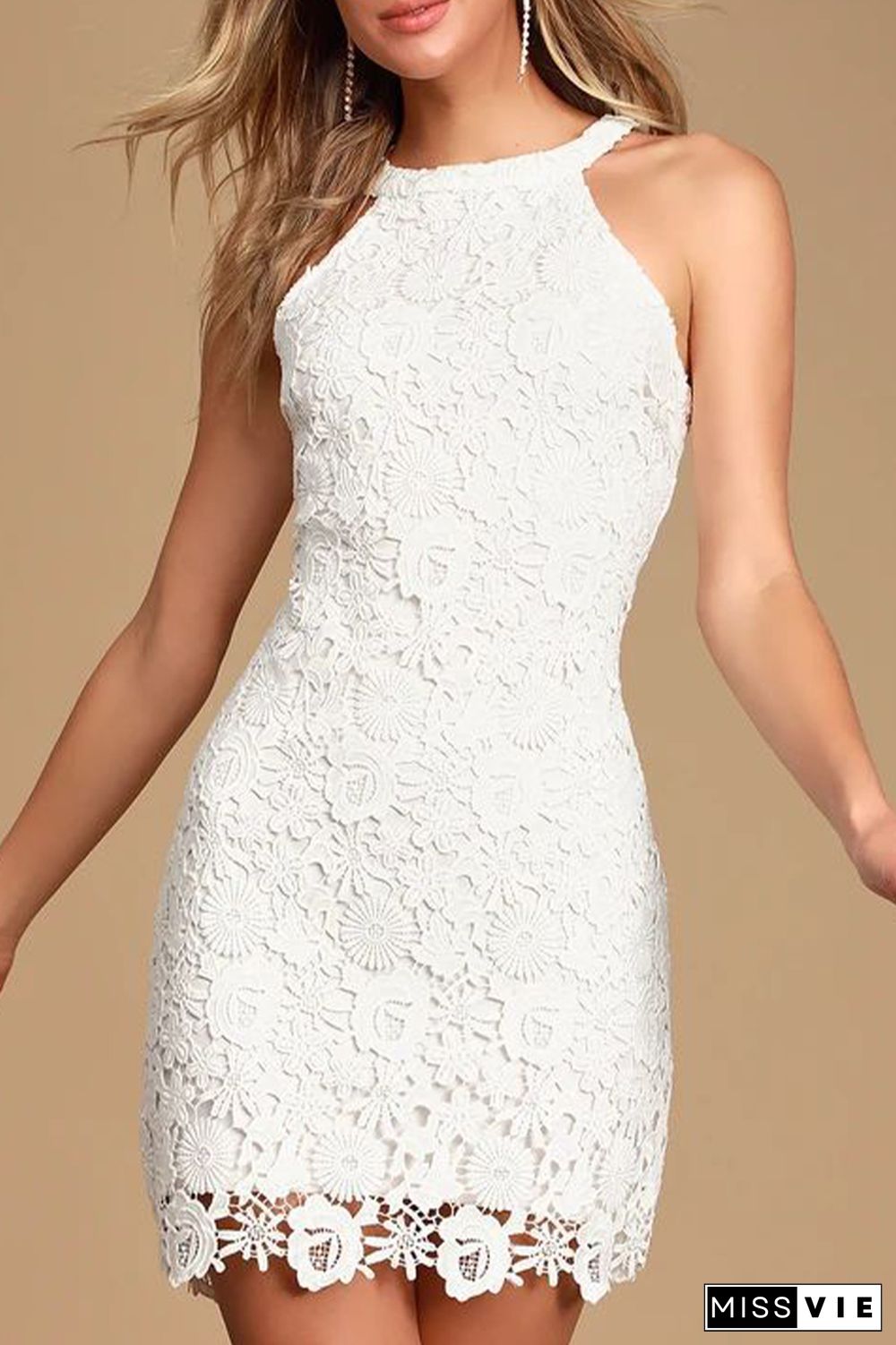 Sexy Solid Jacquard Lace Halter Wrapped Skirt Dresses