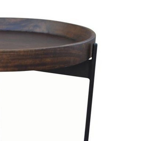 24 Inch Round Side Table， Dark Brown Mango Wood Tray Top， Black Iron Legs