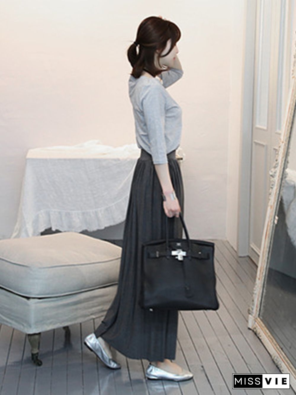 Casual Solid Color Elasticity Waist Pleated Skirts