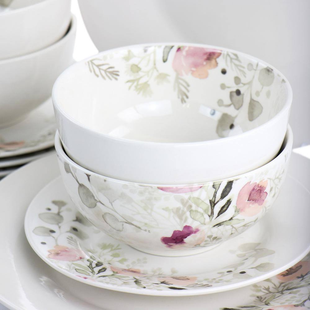 GIBSON HOME Lily Garden Ceramic 12-Piece White and Pink Dinnerware Set 985117628M