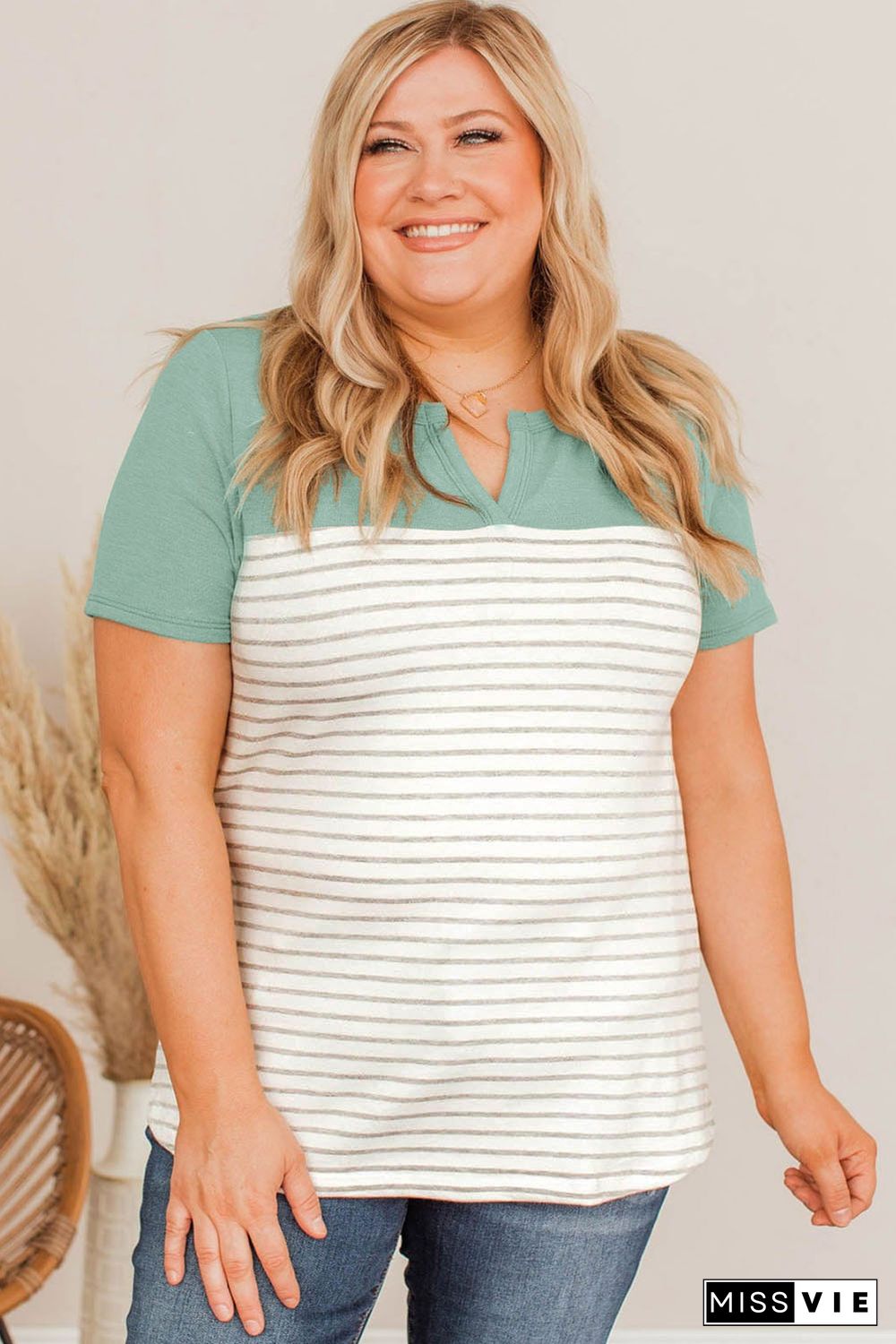 Green Contrast Striped Plus Size Short Sleeve Tee