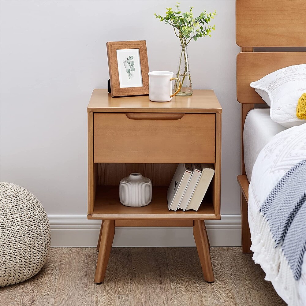 MUSEHOMEINC Mid Century Modern Solid Wood Nightstandfor Bedroom End Table for Living Room with 1 Storage Drawer and Open Shelf