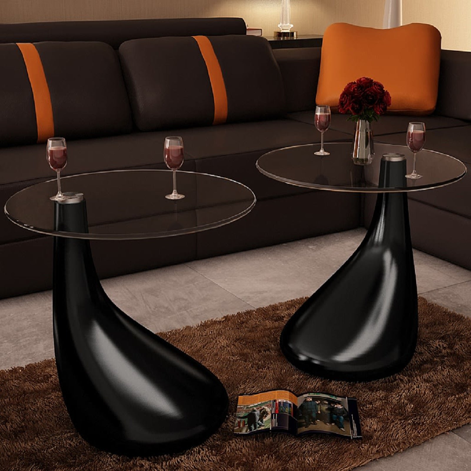 Tomshine Coffee Tables 2 pcs with Round Glass Top High Gloss Black