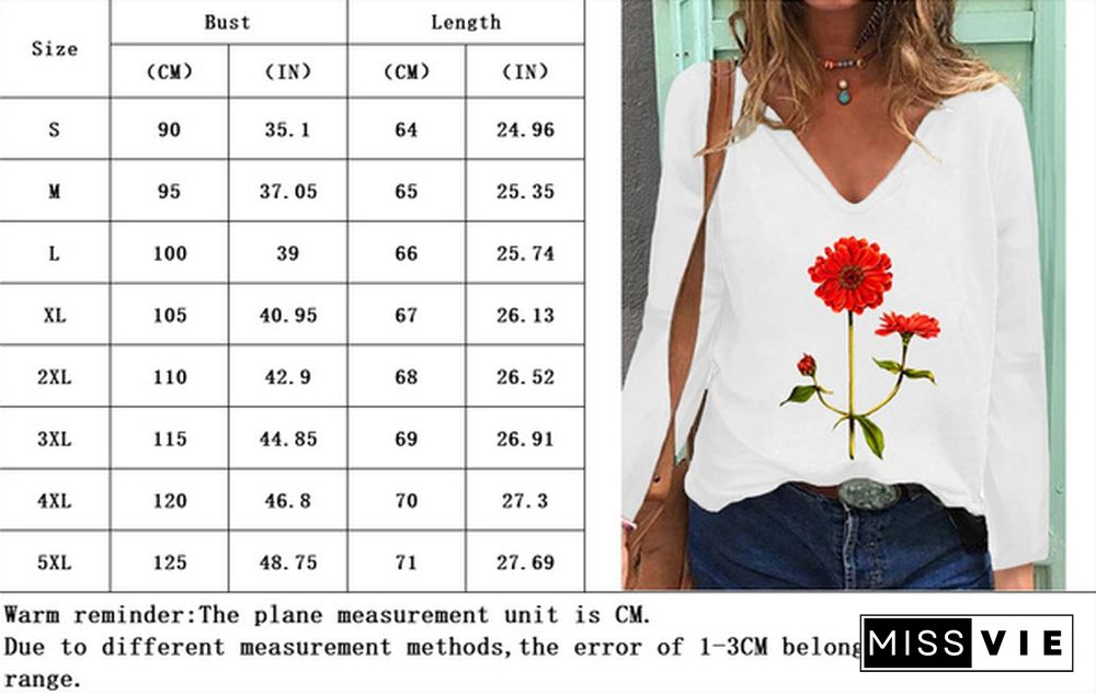 Women's New Spring/autumn Fashion Flowers Printed T-shirt Casual Long Sleeve Deep V-neck Tee Solid Color Pullover Blouse Tops