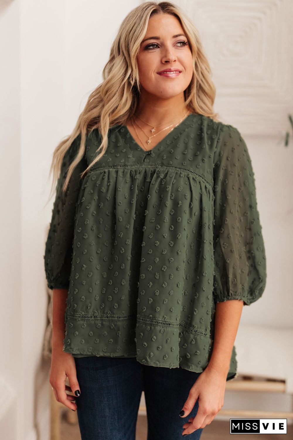 Boho V Neck Swiss Dot Bishop Sleeve Plus Size Blouse