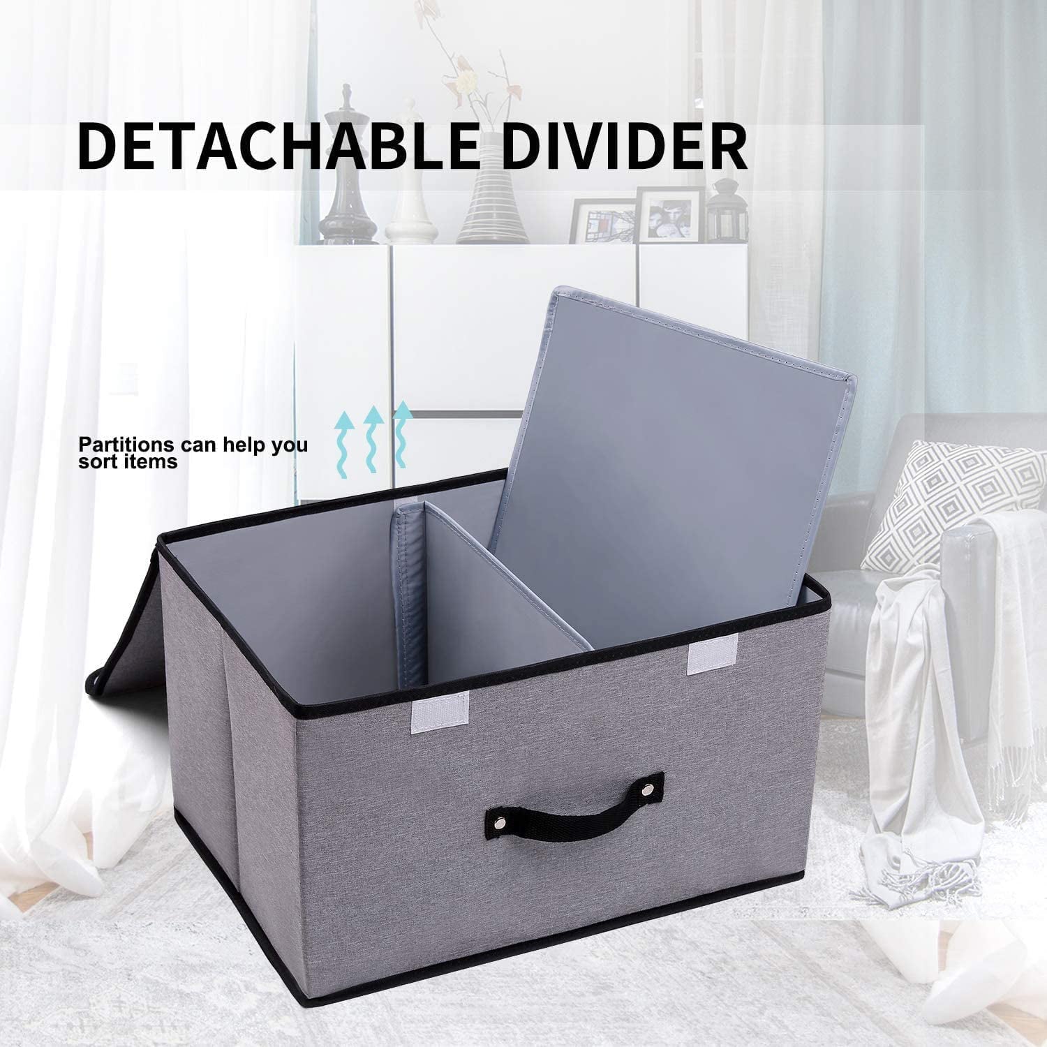 DIMJ Storage Bins with Lids, 2Pcs Large Foldable Fabric Closet Organizer Storage Boxes with Handle, Divider, Stackable Storage Basket for Shelf, Bedroom, Office, Nursery, Toys, Clothes, Books