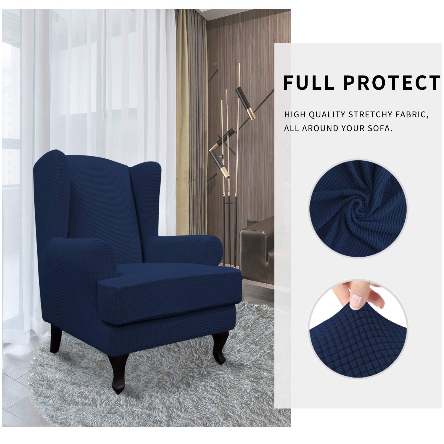 Stretch Wingback Chair Cover, 2-Piece Wing Chair Slipcover Furniture Protector with Elastic Bottom, Soft Jacquard Fabric Small Checks(Navy Blue)