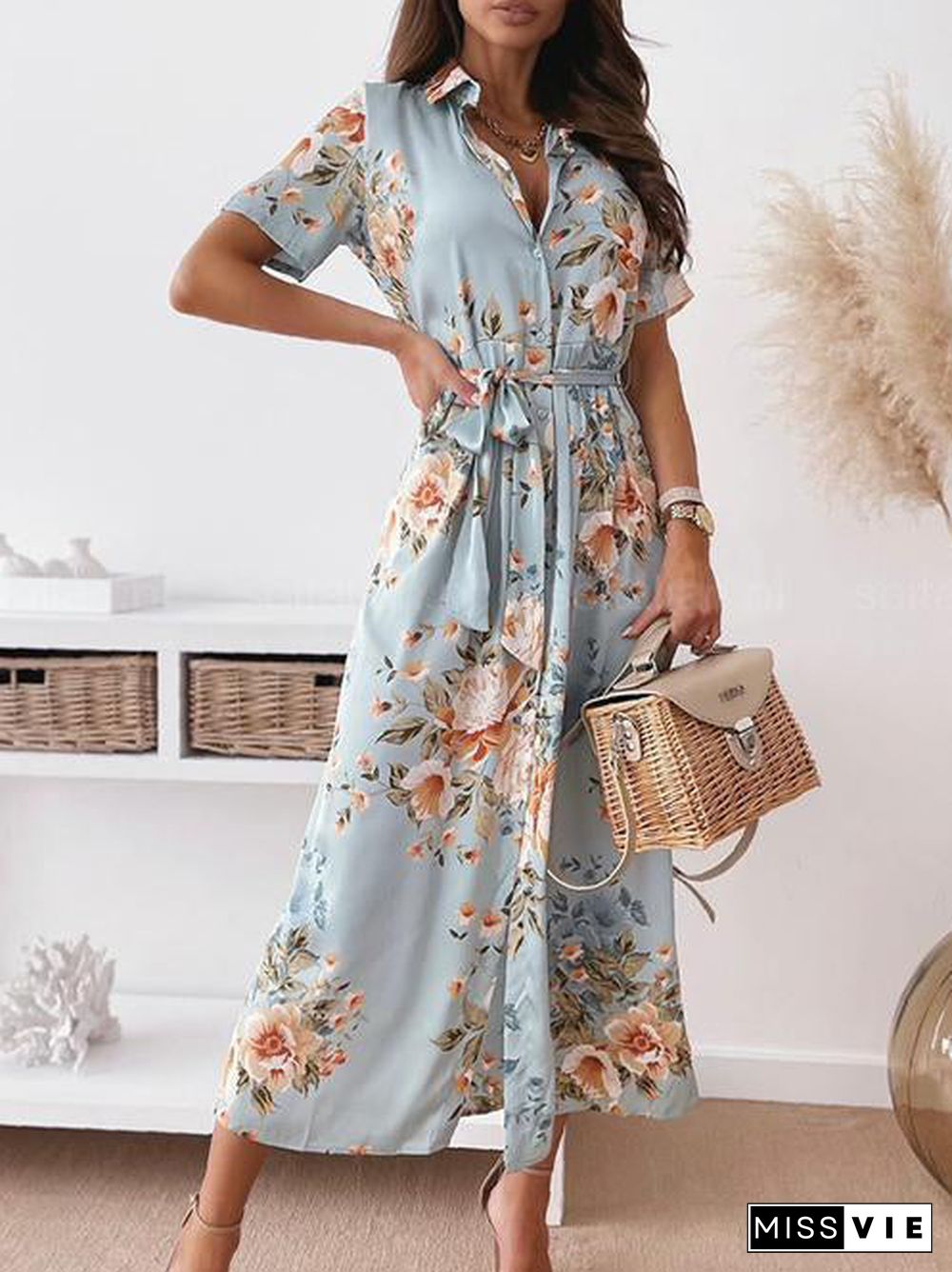 Vacation Print Short Sleeve Shirt Dress