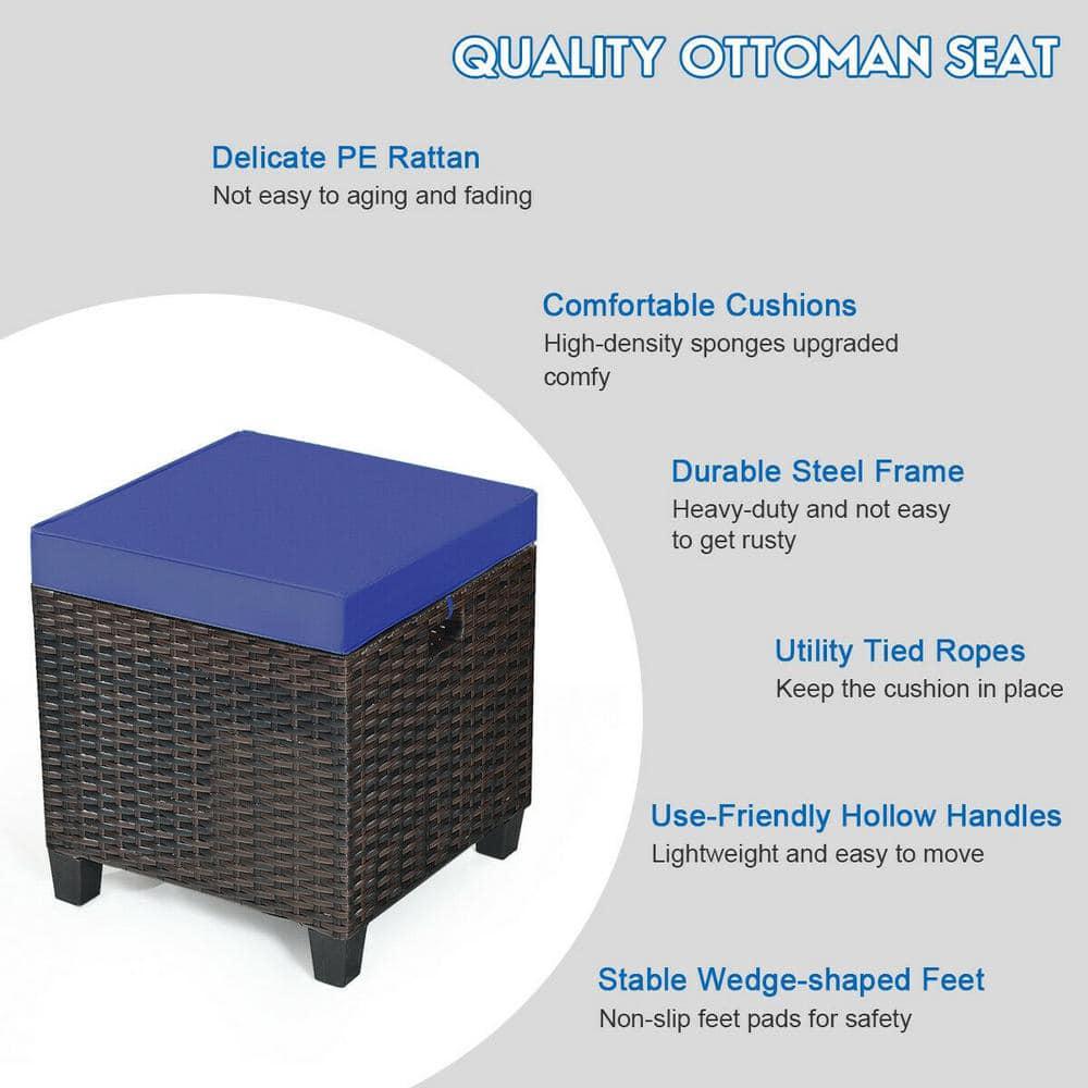 ANGELES HOME Brown PE Wicker Metal Frame Outdoor Ottoman with Navy Cushion