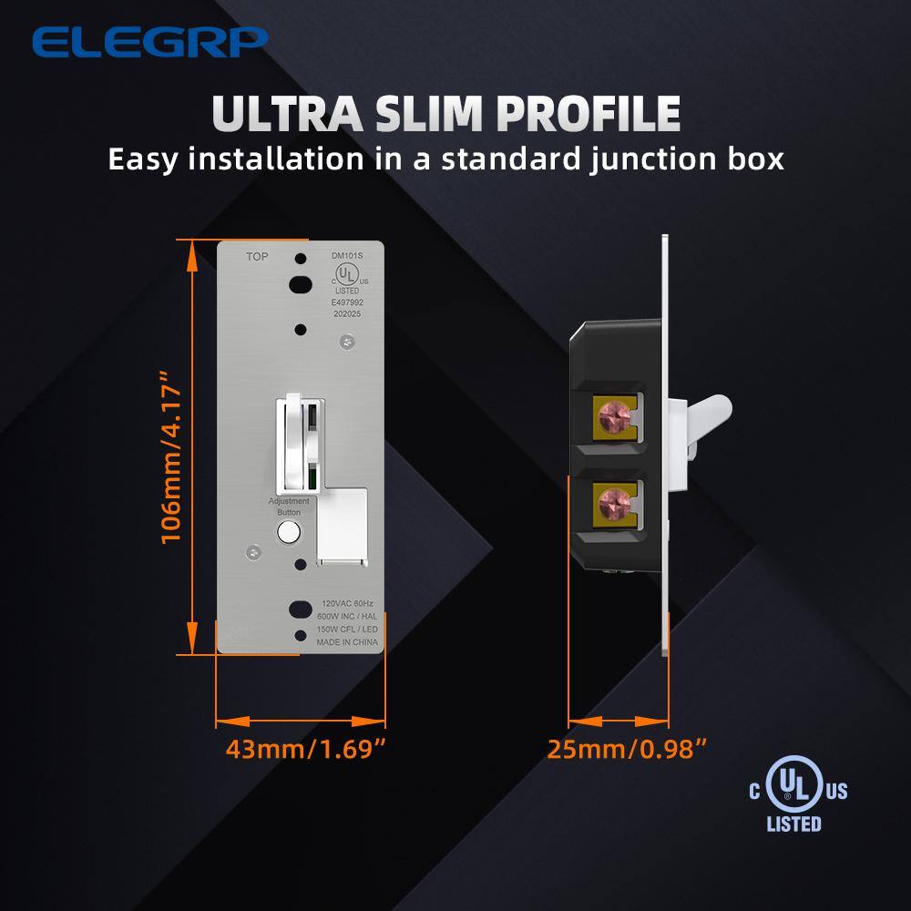 ELEGRP Slide Toggle Dimmer Switch for Dimmable LED CFL and Incandescent Bulbs Single Pole3-Way White (2-Pack) DM101S-WH2N