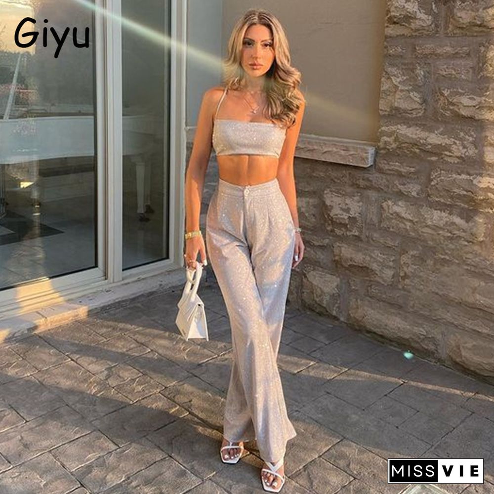 Giyu Fashion Glitter Two Piece Set Women Club Party Sexy Crop Top Pants Sets Summer Casual Spaghetti Strap Backless Slim Outfits