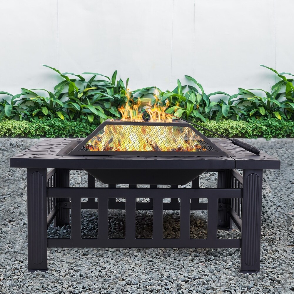 32Inch Outdoor�C Wood Burning Fire Pit with Mesh Lid and Fire Picker  Outside Small Fire Pits for Backyard  Porch  Deck  BBQ