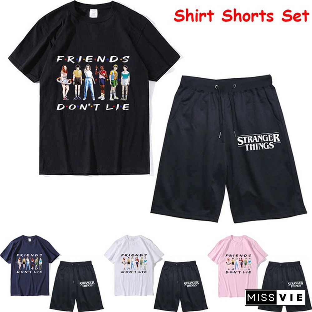 Summer Fashion Stranger Things T-Shirt + Short Pants Suit Unisex Casual Crew Neck Short Sleeve Drawstring Shorts Set