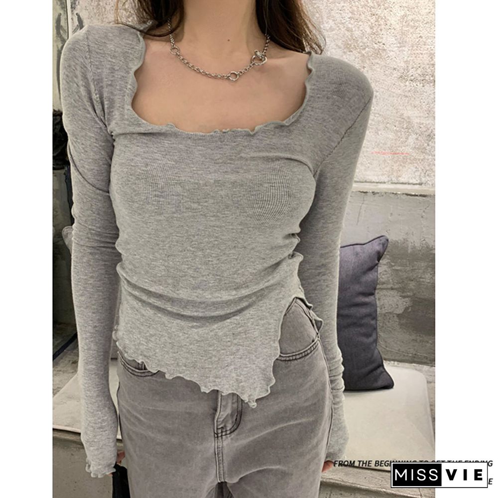 Long Sleeve T-shirts Women Fungus Line Irregular Hem Knitted Slender Autumn Bottoming Tees Chic Fashion Sexy Solid Ulzzang New